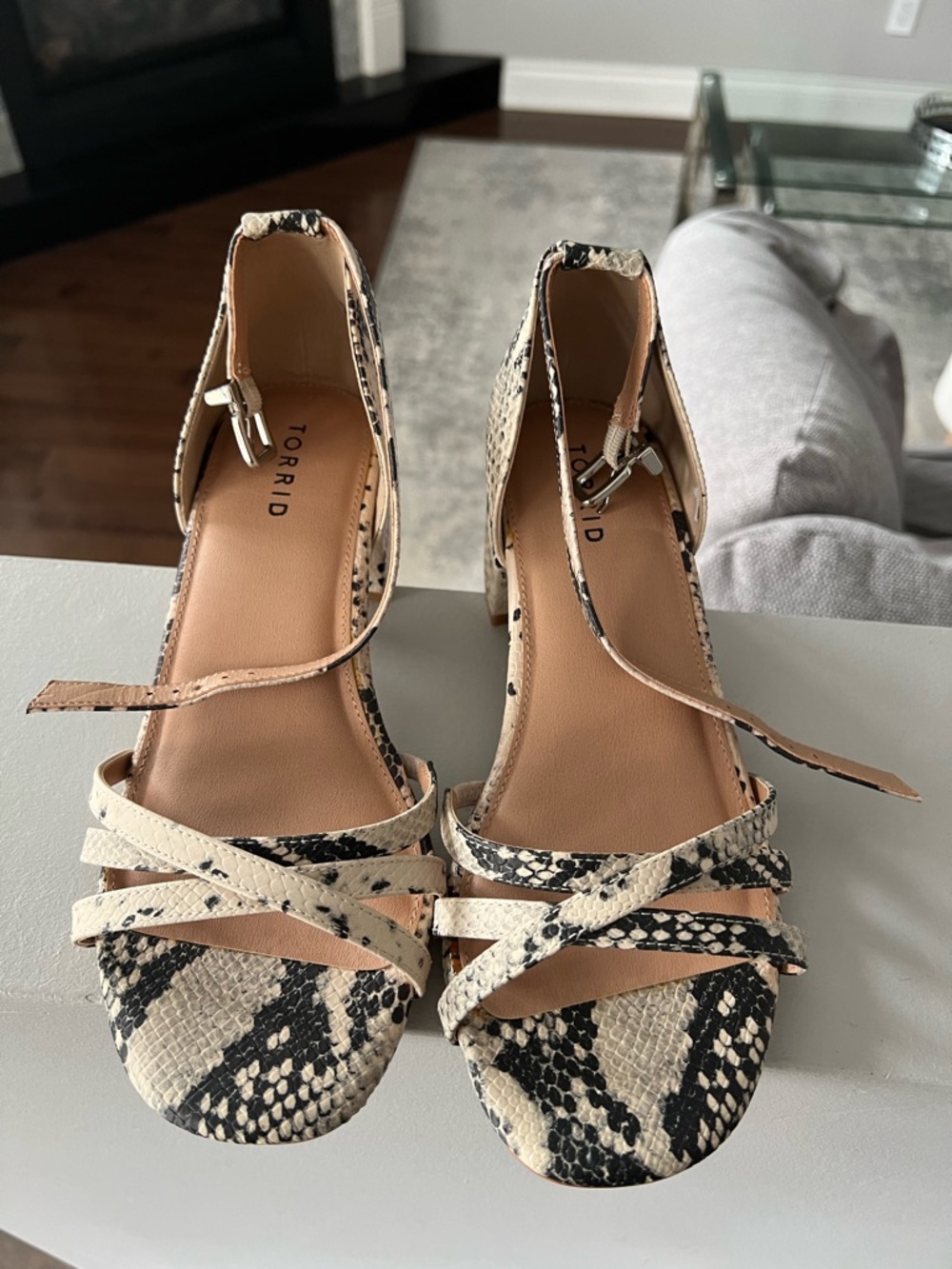 torrid Snake-Print Ankle Strap Block Sandals - Black & Cream